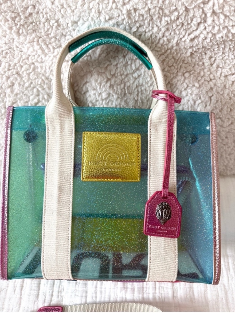 Kurt Geiger Iridescent Teal Tote with Pink Tag and Cream Straps